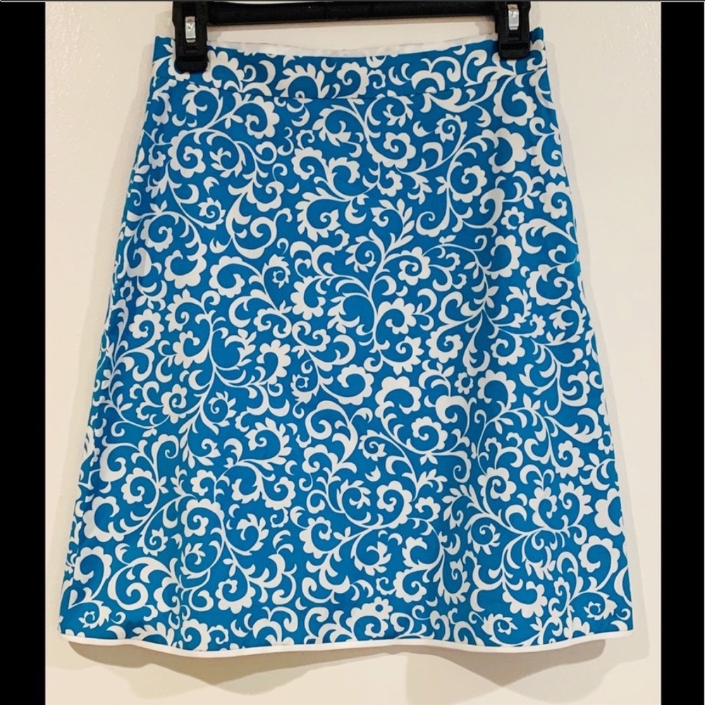 BROOKS BROTHERS turquoise & white print midi skirt Size 0- Waist 27.5"